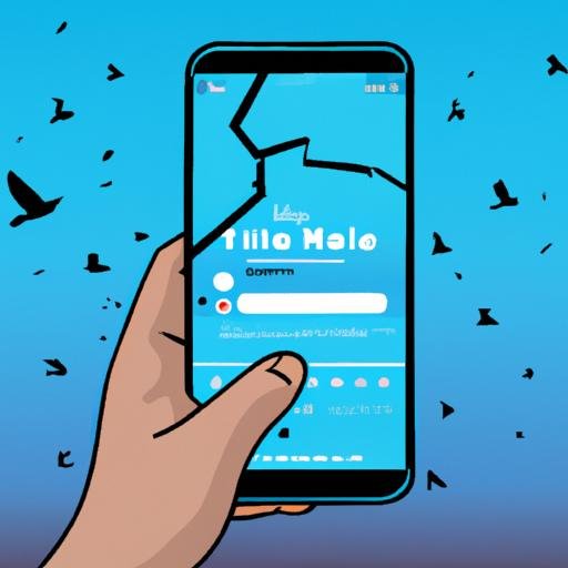 Bức tranh vẽ tay cầm điện thoại, màn hình hiển thị ứng dụng Twitter bị hỏng